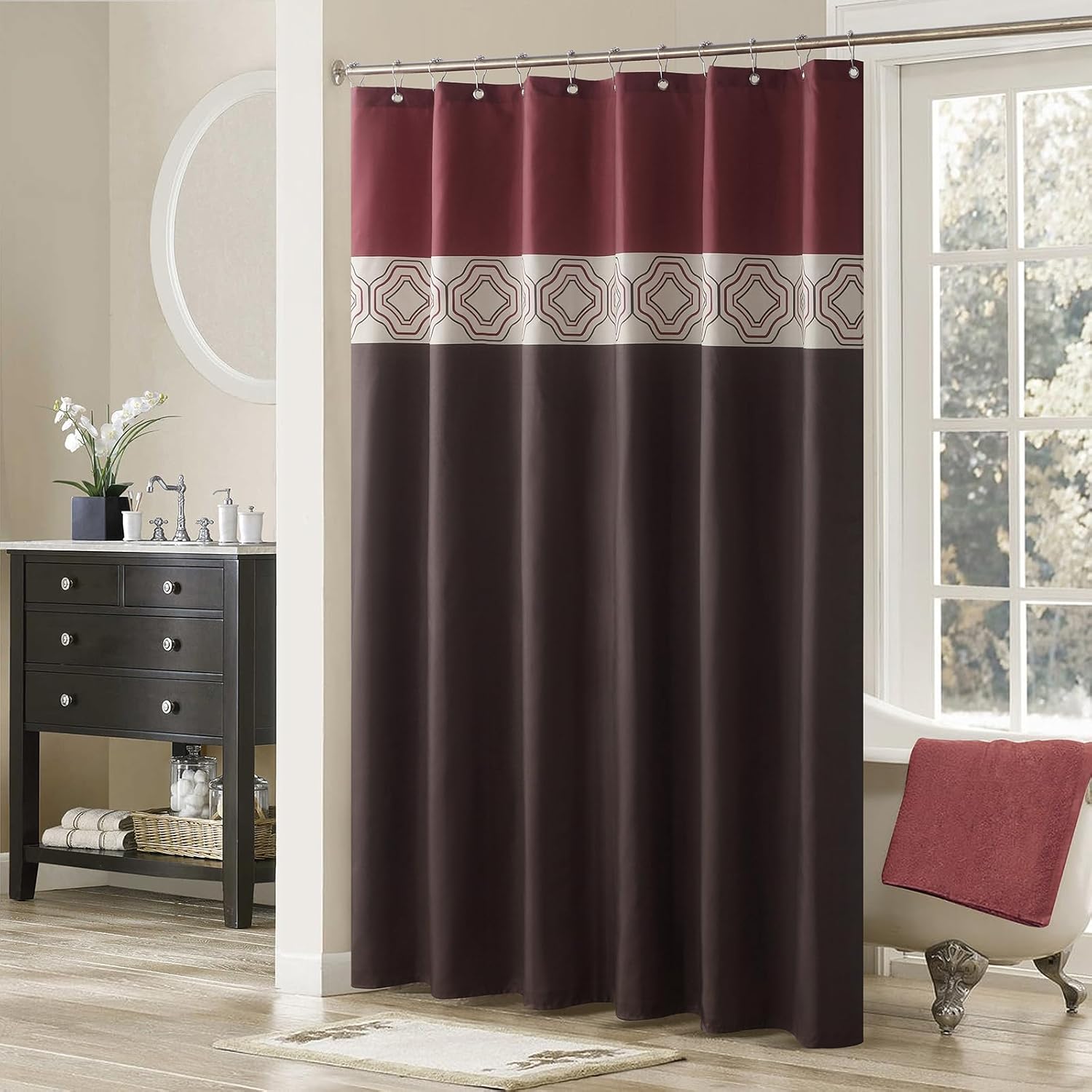 Brown and Burgundy Fabric Shower Curtain for Bathroom, Modern Neutral Geometric Cloth Shower Curtain, Waterproof Washable Decorative Bathroom Curtains, 72" W x 72" H