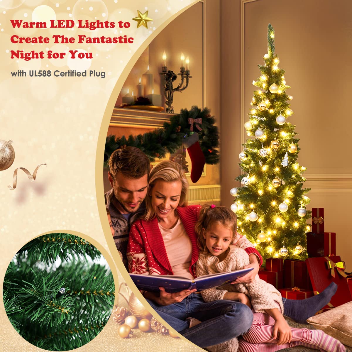 Con luci LED calde, supporto metallo pieghevole e foglie in PVC di(6.5FT)