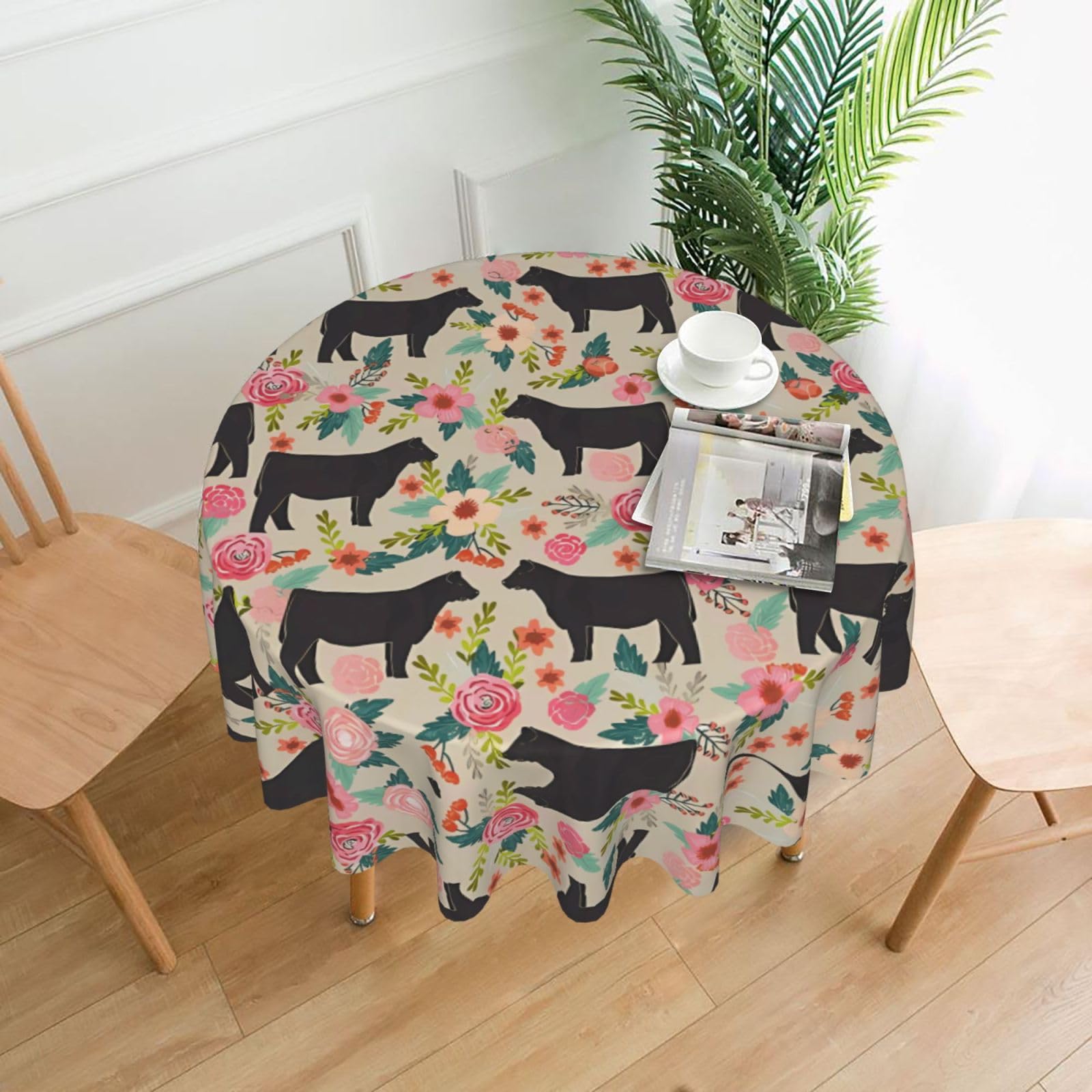 WHJSSF Pink Flower Show Steer Cows Cattle Prints Round Decorative Tablecloth 60in - Elevate Your Dining Experience with a Stylish & Protective Table Throw