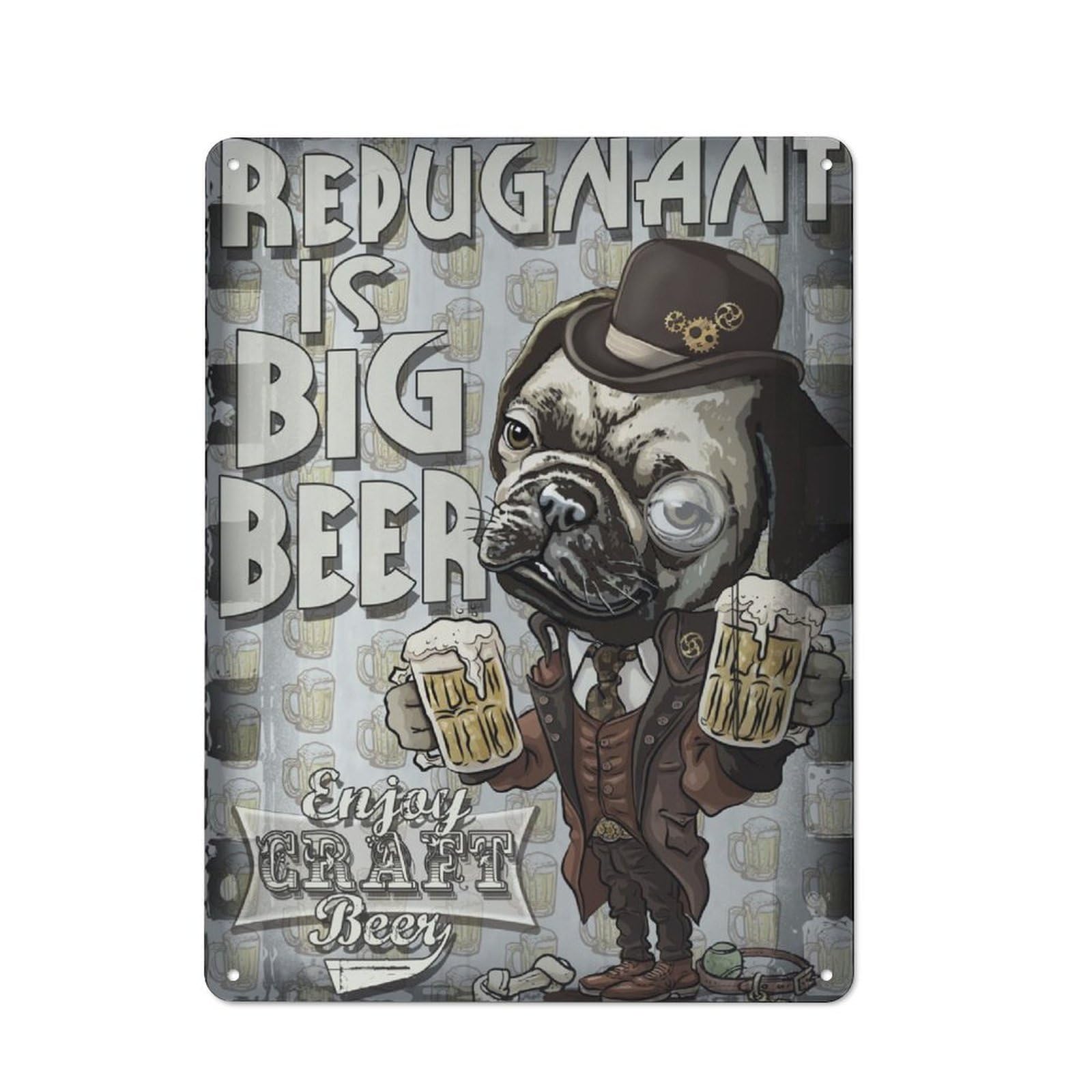 Junmoney Retro Craft Beer Pug Tin Wall Sign, Bright Printed Design, For Dining Room, Entrance, Cafe Or Christmas Corner, 40X30cm