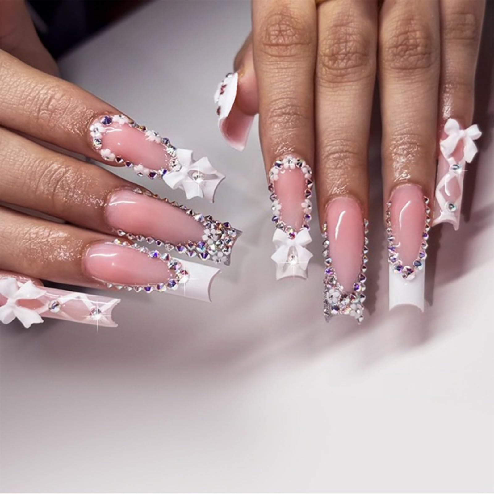 GlamRays Press On Nails Long With White 3D Bow Flowers Rhinestone Designs French Acrylic Glue Stick On Pack of 24