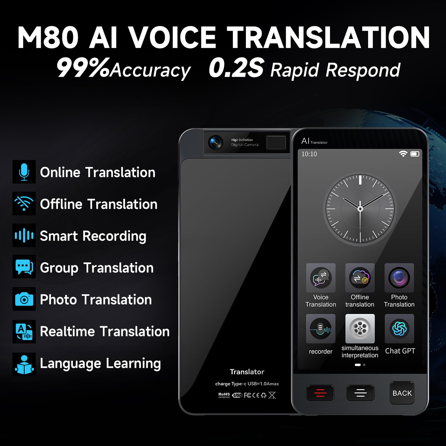 Offline Language Translator M80 142 Languages Real-Time Voice Translation - Dettaglio