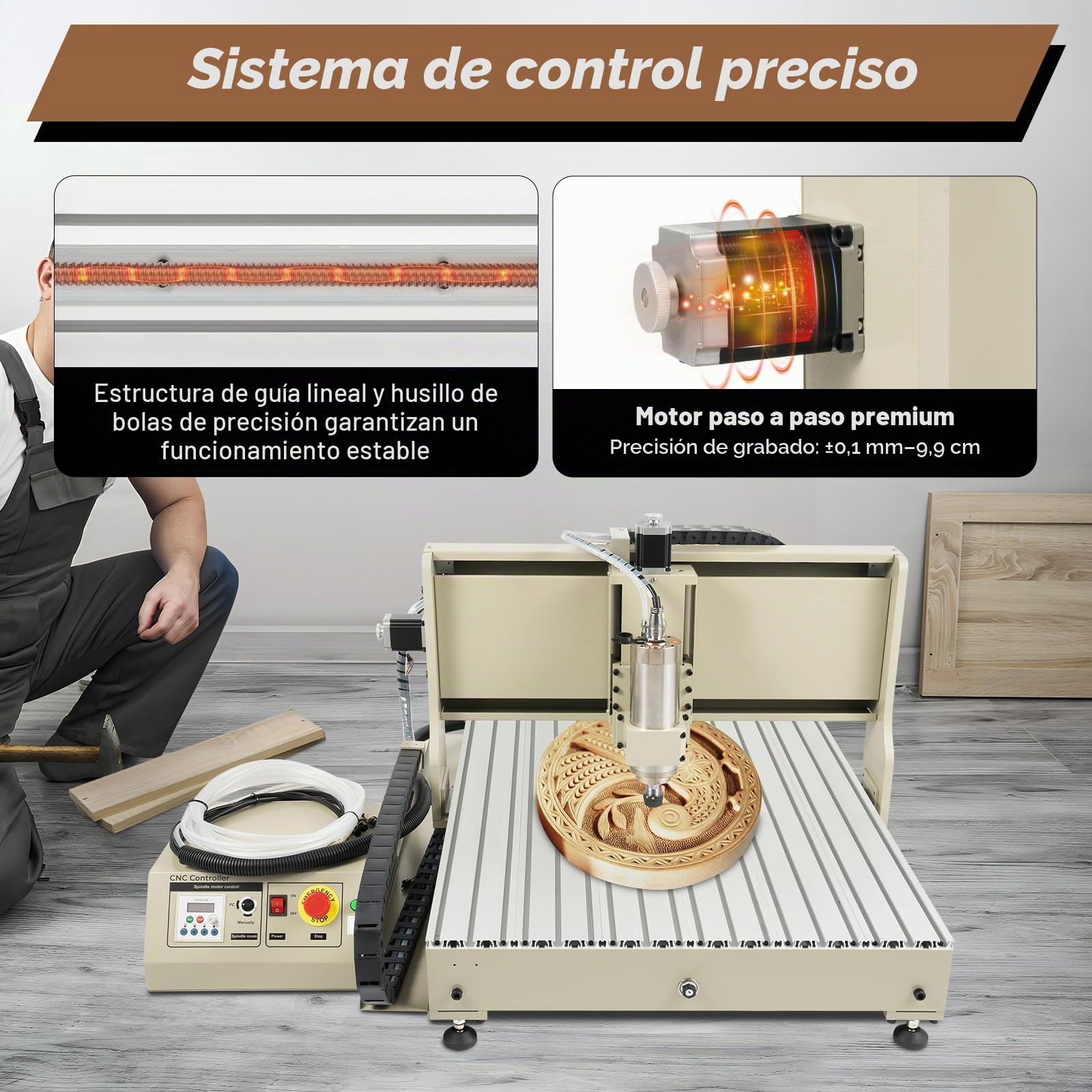 Máquina de grabado de 2200 W, máquina CNC, herramienta de grabado para metal/vidrio/madera, enlace de cuatro ejes, modo de control, ordenador, 24000 rpm, área de trabajo de 104,5 x 72 cm, grosor