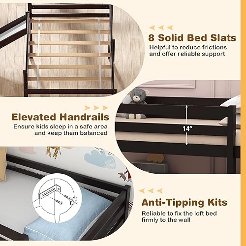 Miniatura 4 de Giantex Cama alta individual con tobogán, cama baja de madera para niños, marco de cama individual con escalera de escalada y espacio de