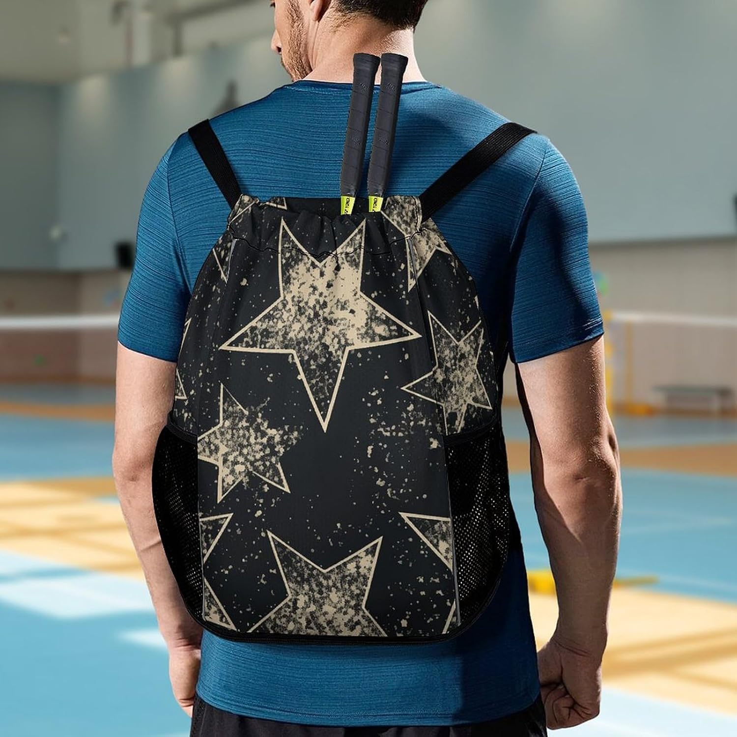 Star Drawstring Backpack with Wet Pocket - Large Capacity Gym Bag with Shoe Compartment & Mesh Pockets, Adjustable Lightweight Gym Backpack for Swimming, Travel, Workout