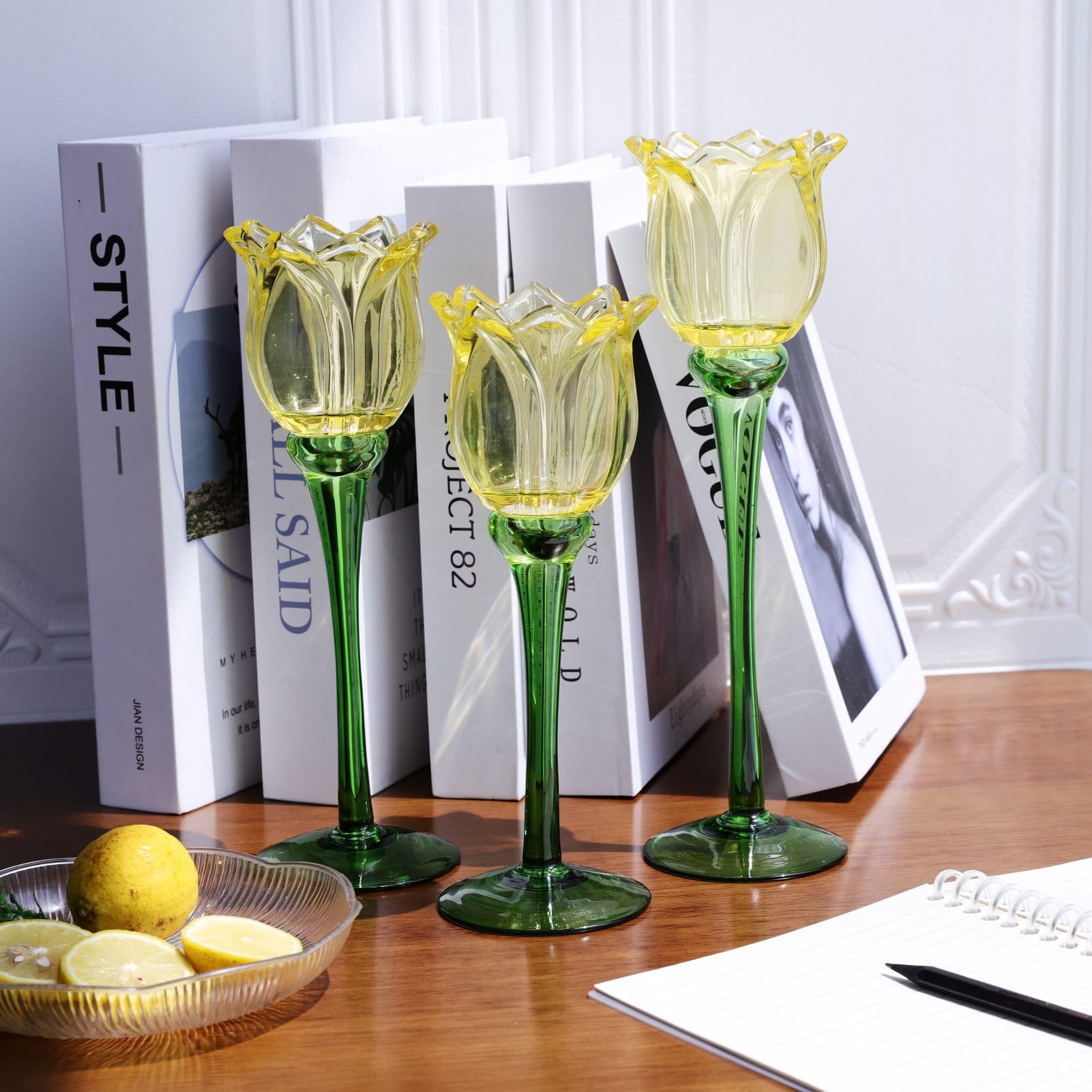 VOHO Lot de 3 bougeoirs en forme de tulipes jaunes pour décoration d'intérieur moderne, cadeau d'anniversaire pour femmes, amies, photophores en forme de tulipe pour centre de table de fête