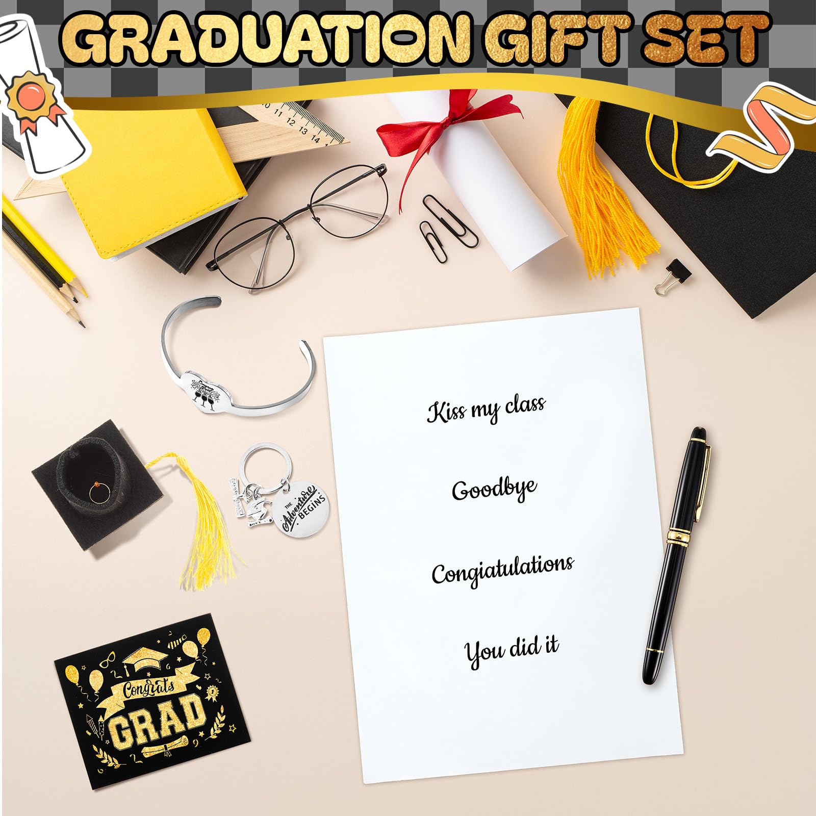 Tenceur 2026 Graduation Gift Set for Him Her Congrats Favor Basket Grad Box Bear Sock Bracelet Mini Graduation Hat for School(Black)