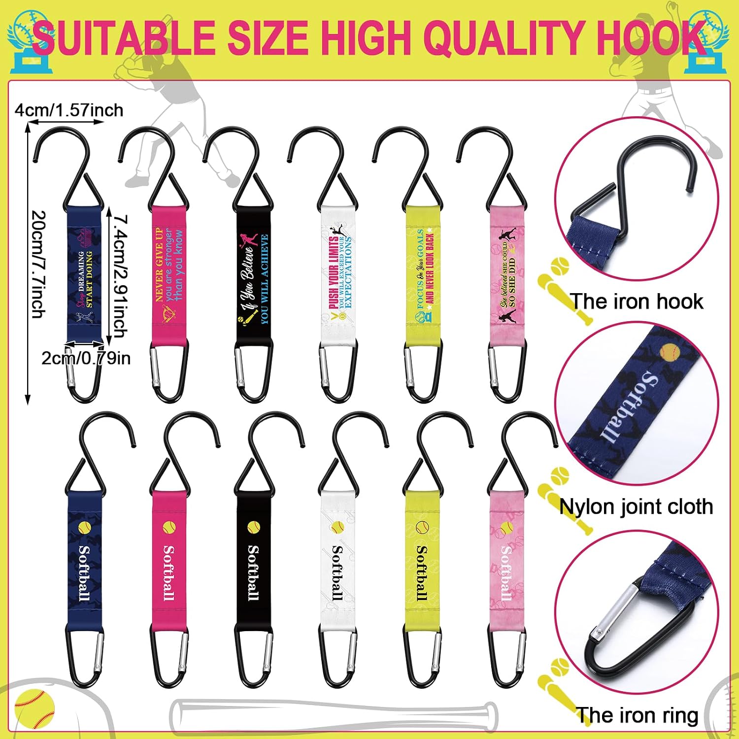 Vicenpal 12 Pcs Softball Nylon Fence Hooks for Softball Bag Team Gifts Inspirational Metal Fence Hook for Women Safety Buckles Multifunctional Hanging Buckles for Outdoor Sport Equipment Backpack image 2