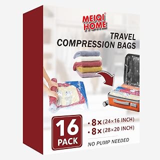 MEIQIHOME Vacuum Storage Bags, Space Saver Sealer Bags for Clothing, Pillows, Comforters, Blankets, Bedding, Travel, 16 Roll Bags, PA+PE Material