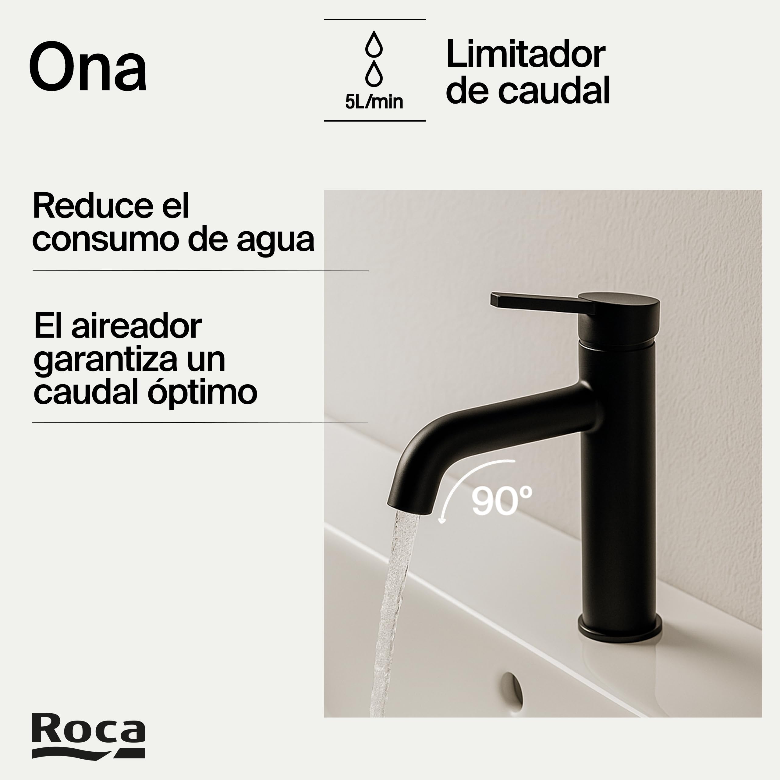 Roca Ona Grifería para lavabo con tecnología Cold Start, grifo monomando con enlaces de alimentación flexibles de fácil instalación, mezclador de baño con desagüe click-clack, negro mate, A5A3A9ENB0