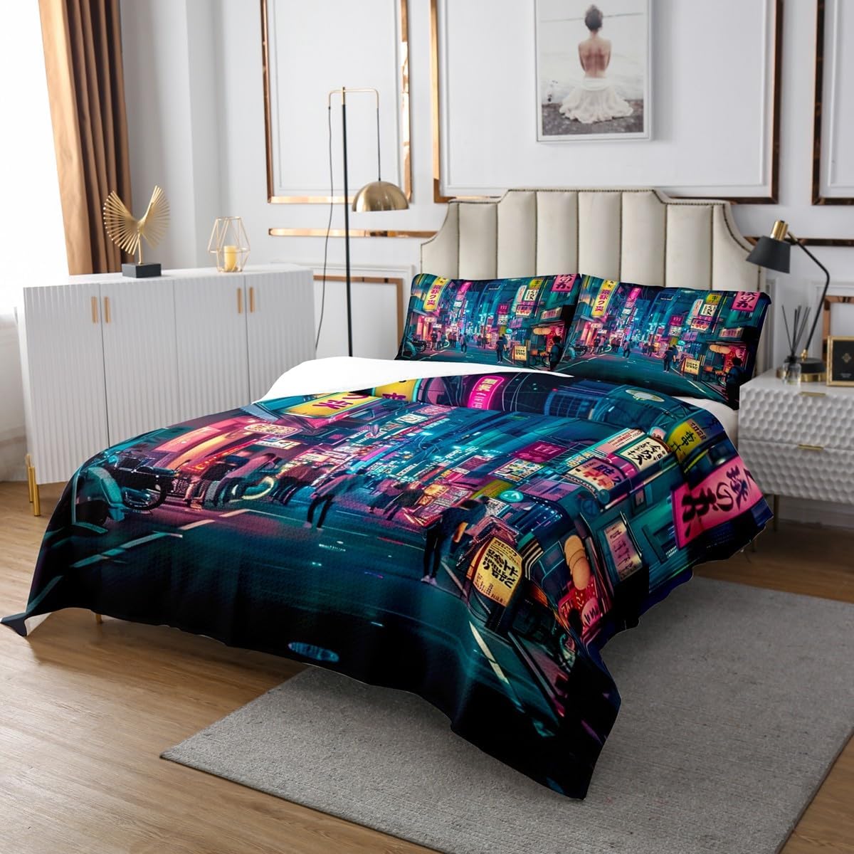 jejeloiu Japanese Art Quilted Coverlet Twin Size Tokyo Anime Bedspread for Boys Girls Japan Night City Coverlet Set Room Decorations Quilted 1 Bedspread+ 1 Pillow Sham