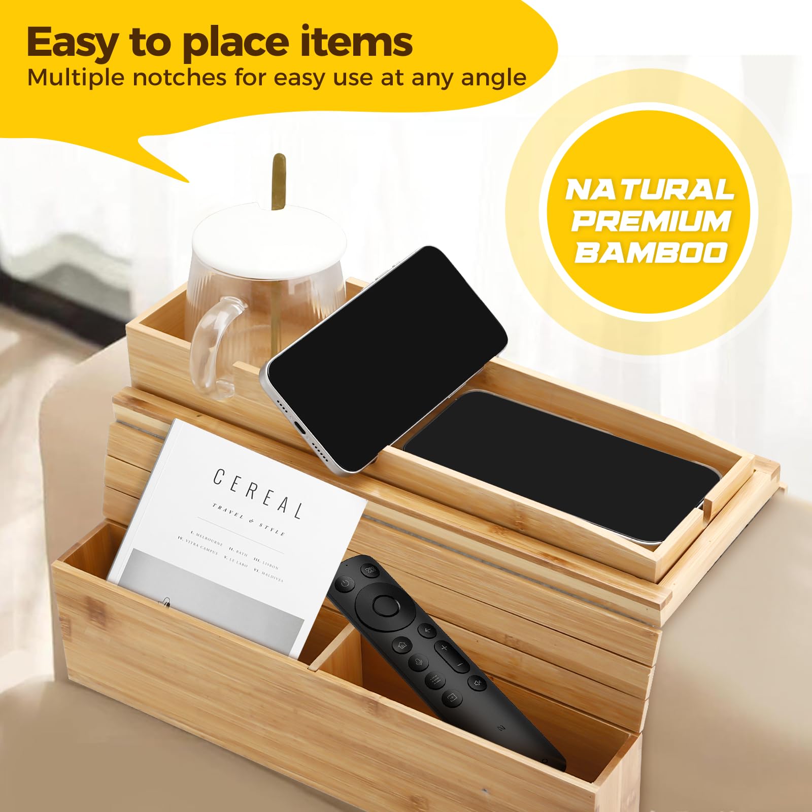 Towwoo Bandeja para Sofá de Bambú, Organizador de Reposabrazos para Sofa, Mesa Flexible con Clip para Brazo de Sofá, para Snacks, Bebidas, Teléfono, Control Remoto