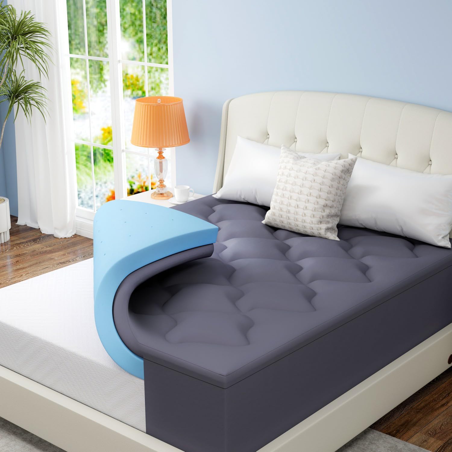 MUUEGM Queen Size Dual Layer 4 Inch Memory Foam Mattress Topper, 2 Inch Gel Memory Foam and 2 Inch Cooling Breathable Pillow Top Protector with Stretchable Pockets for 8-21 inches Mattress, Grey