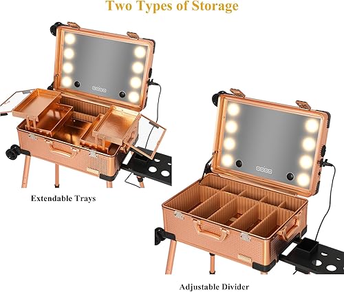 Miniatura 6 de Maletín de aluminio de 20 pulgadas con luces LED, organizador profesional de cosméticos con altavoz, ruedas y soportes, estación de tocador de