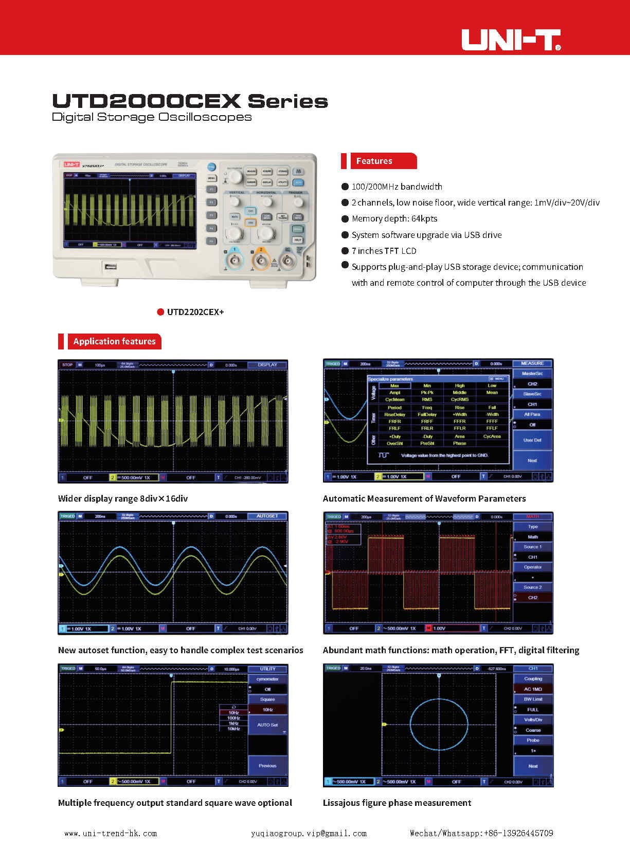 UNI-T UNI-TREND UTD2202CEX+/UTD2102CEX+ 2 Channels Digital Oscilloscopes 7inch LCD 1GS/s Benchtop Digital Storage Oscilloscopes(UTD2102CEX+)