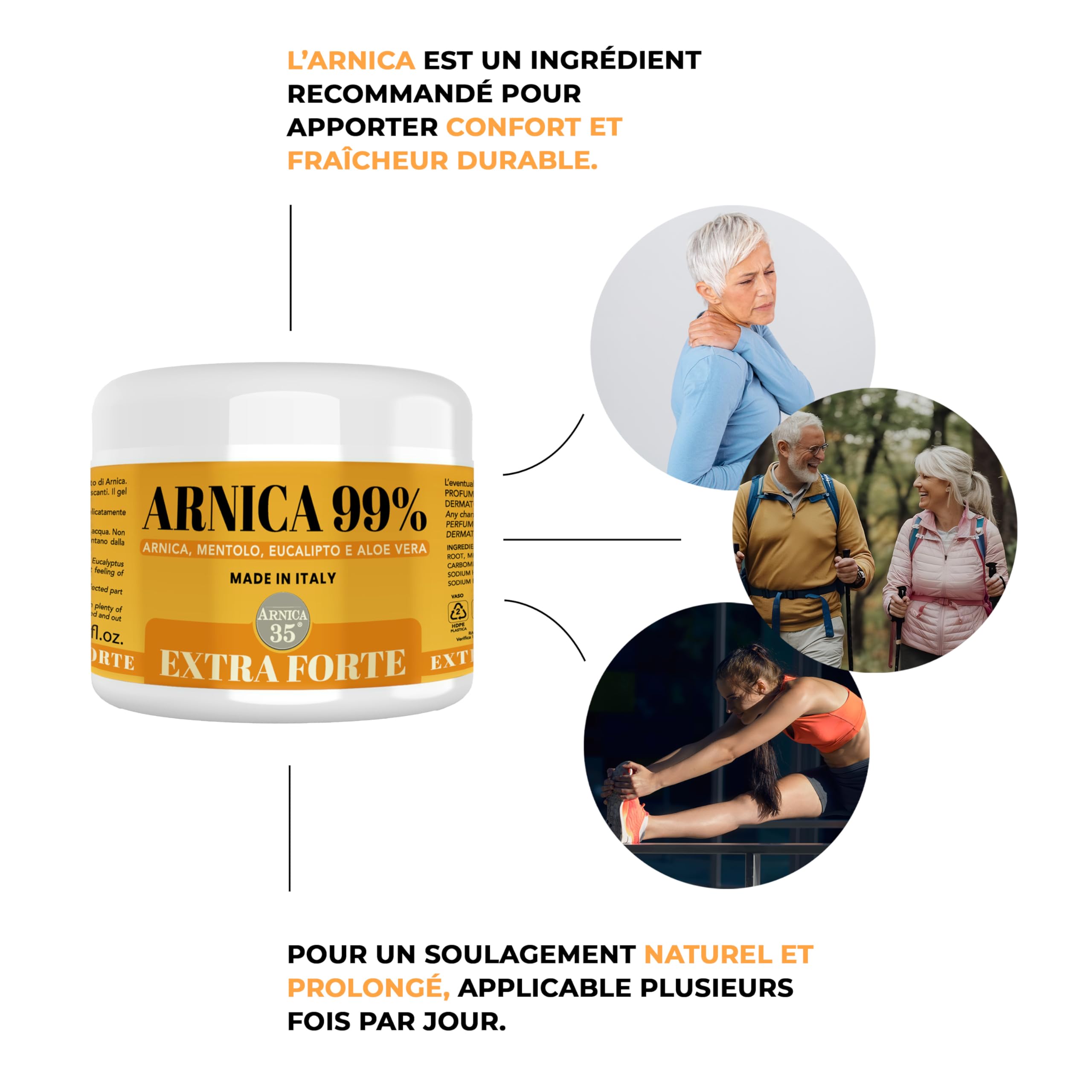 Arnica 35 – Gel d’Arnica Extra Fort 99%, Effet Rafraîchissant 500 ml, Procure du Confort aux Muscles, Articulations, Gel-Crème de Massage au Menthol, Eucalyptus et Aloe Vera, Made en Italie