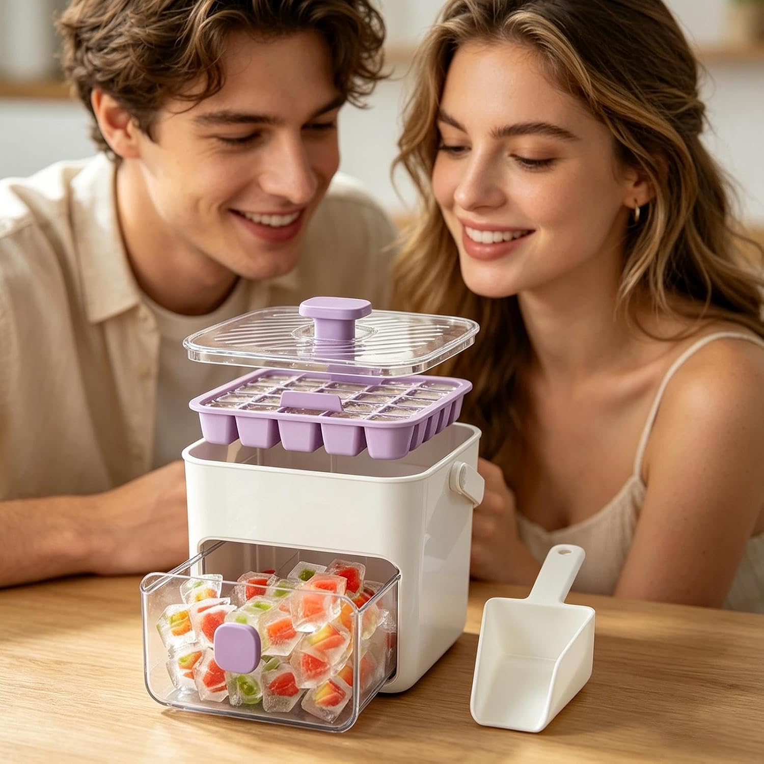 Ice Trays Freezer with Lid | Fifty Cavities Double Layer Portable Handle | Large Capacity Freezer Ice Maker | for Drinks Whisky Cocktail Coffee Beer Soft Drinks