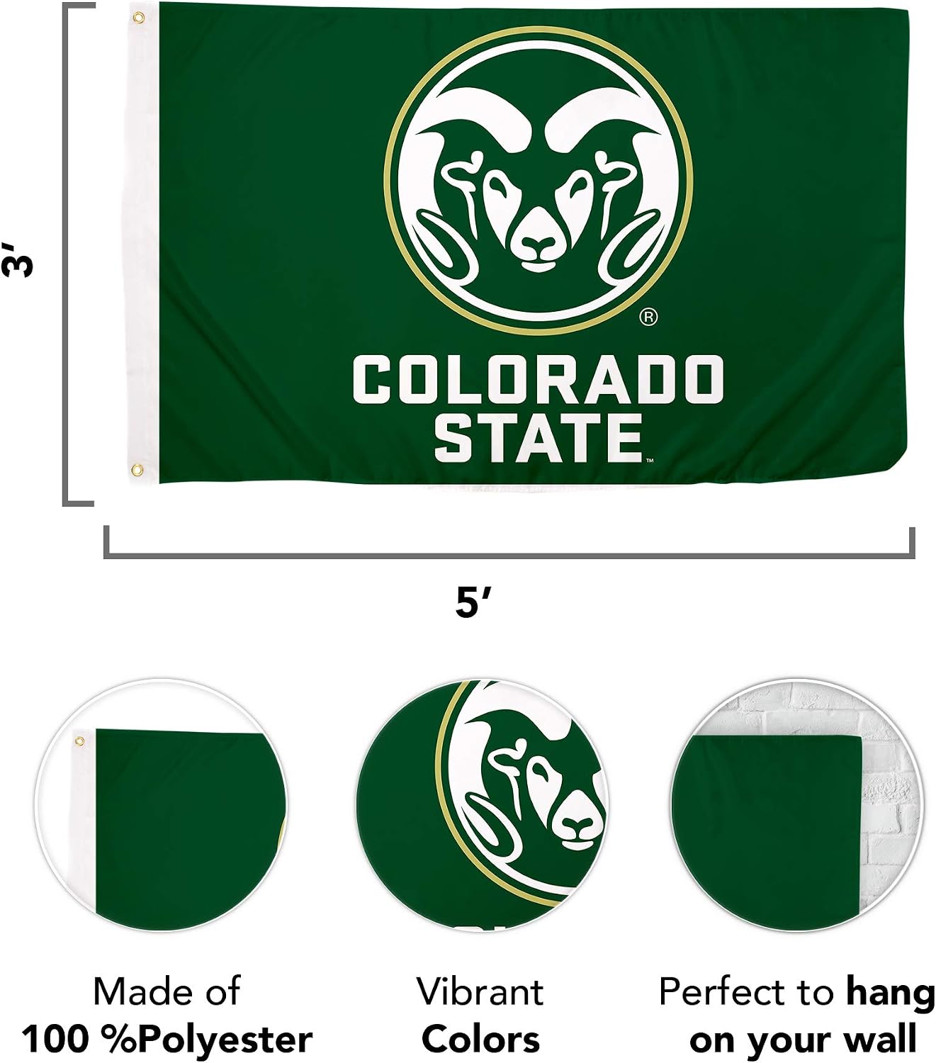 Desert Cactus Colorado State University CSU Flag - 3 x 5 Feet Rams Banner, Indoor/Outdoor Durable Fabric, 100% Polyester Design (Green)