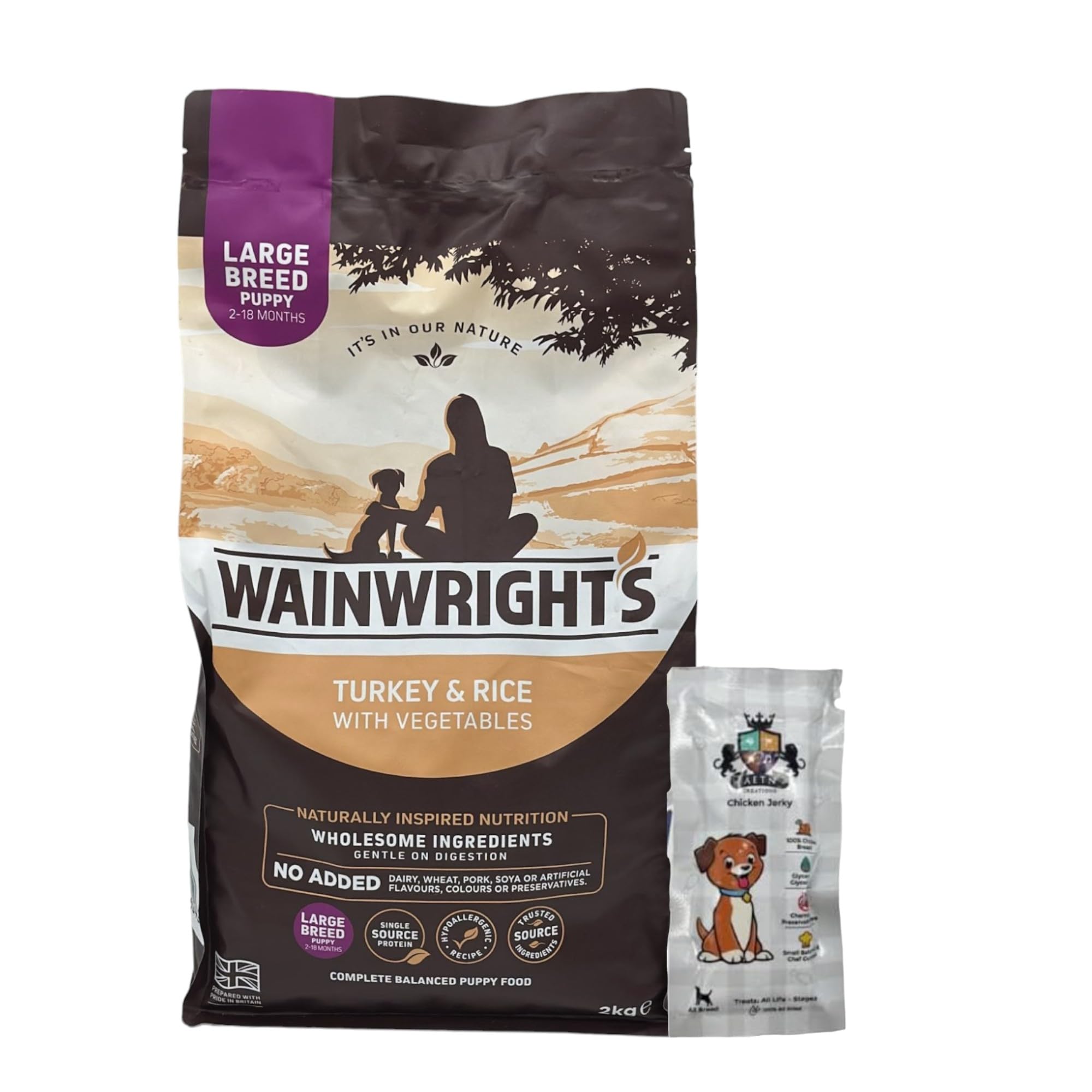 AETN Creations Bundle of Complete Dry Large Breed Puppy Food 2kg with AETN Chicken Jerky Treat - Balanced Nutrition for Your Dog