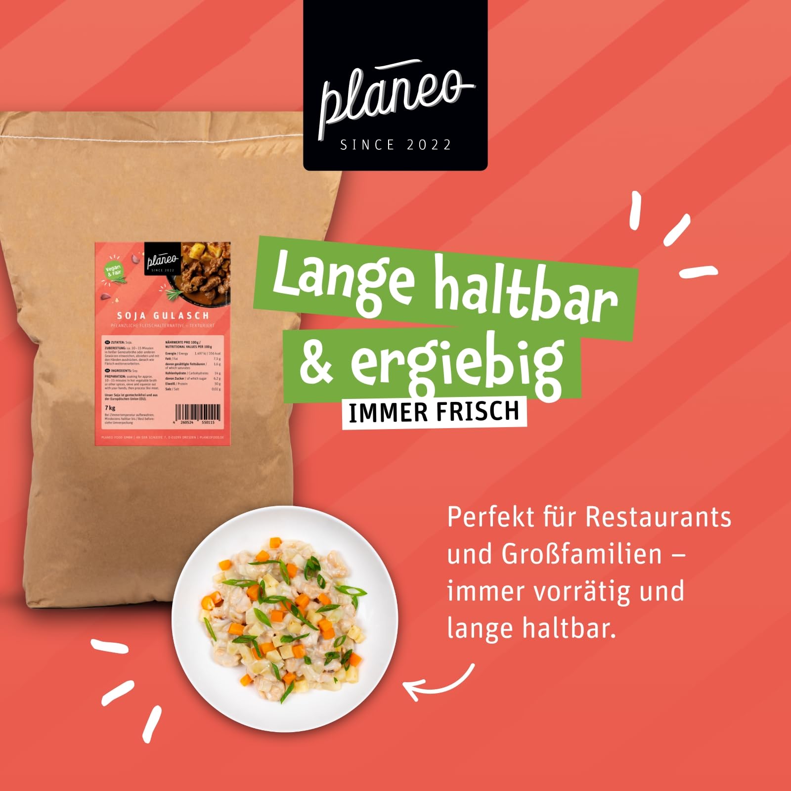 Planeo Soja Gulasch 7kg - Soja aus Österreich - Gentechnikfrei - Perfekt für Gulasch und Herzhaftes - Perfekt für Gastro