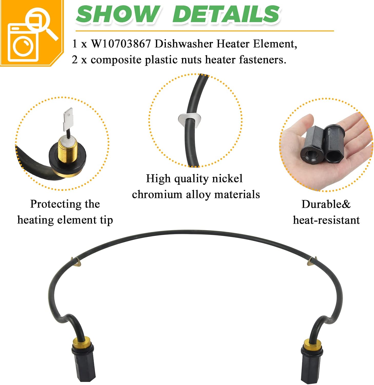 Upgraded W10703867 Dishwasher Heating Element by Techecook Replacement for Whirlpool KitchenAid Kenmore Dishwasher- Replaces W10696509 W10473250 W10195052 W10329322 W10518402 W10687954 Heating Element