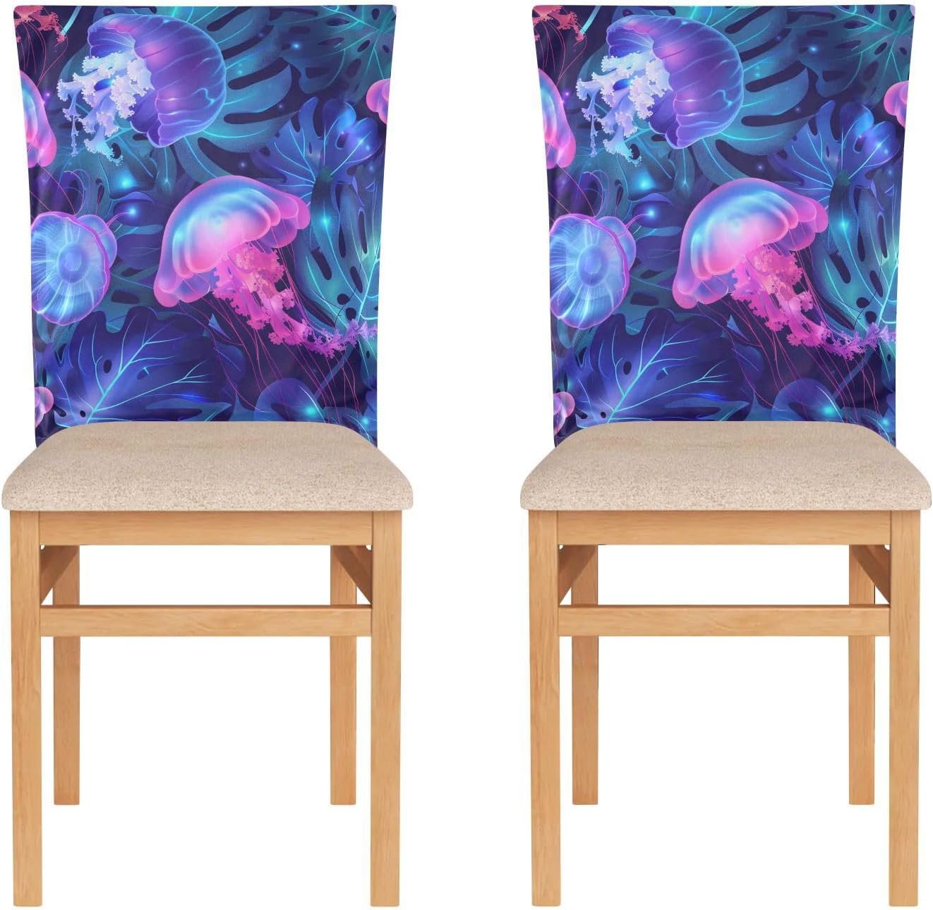 ALAZA Jellyfish and Tropical Leaves Chair Back Cover Set of 6, Washable Reusable Removable Chair Slipcovers Decorative Chair Cover for Home Kitchen Wedding Party