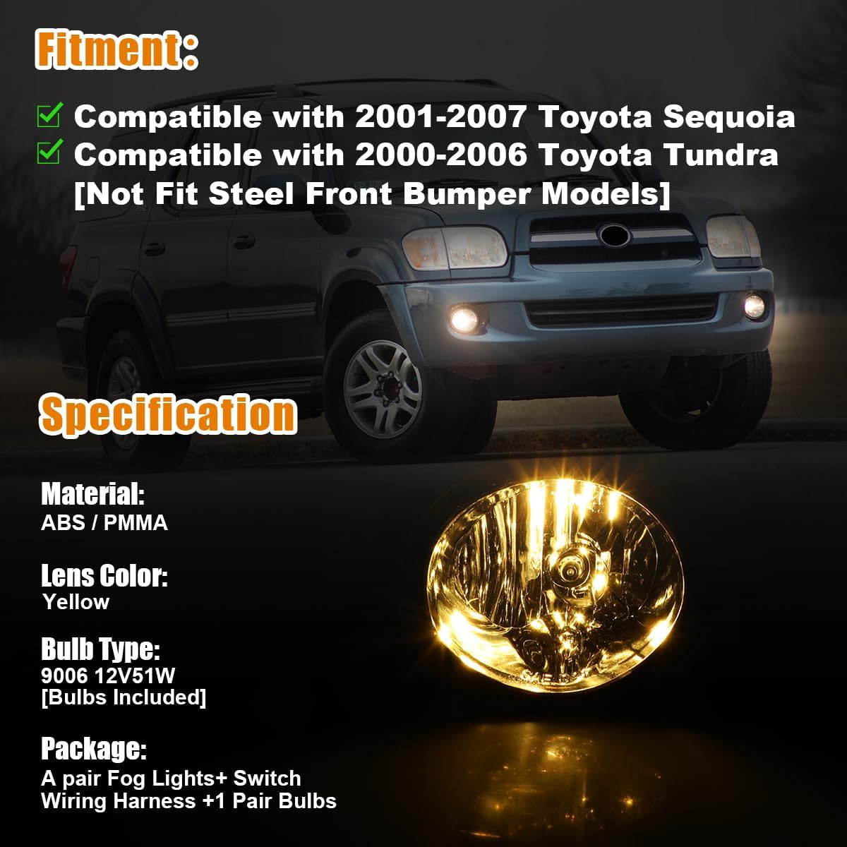 Nixon Offroad Fog Lights for 2001-2007 Toyota Sequoia & 2000-2006 Toyota Tundra [Not Fit for Steel Front Bumper Model], Fog Lights Assembly Kits w/Wiring Harness/Switch Kits/ 9006 Bulbs, Yellow Lens