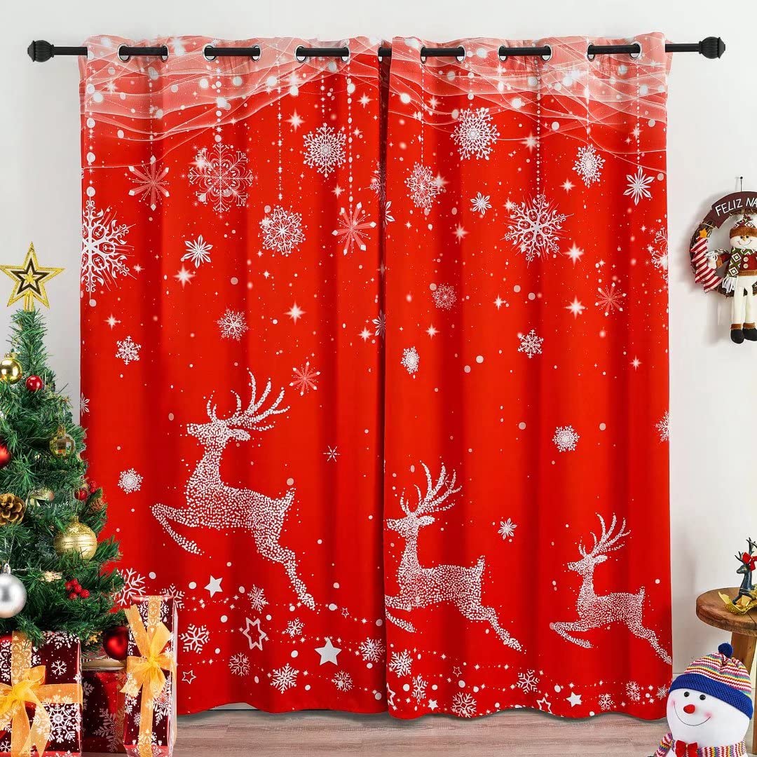 CAROMIO Christmas Velvet Curtains - 84 Inch Long Red Reindeer Thermal Insulated Panels, Set Of 2 (52x84 In) - View #4