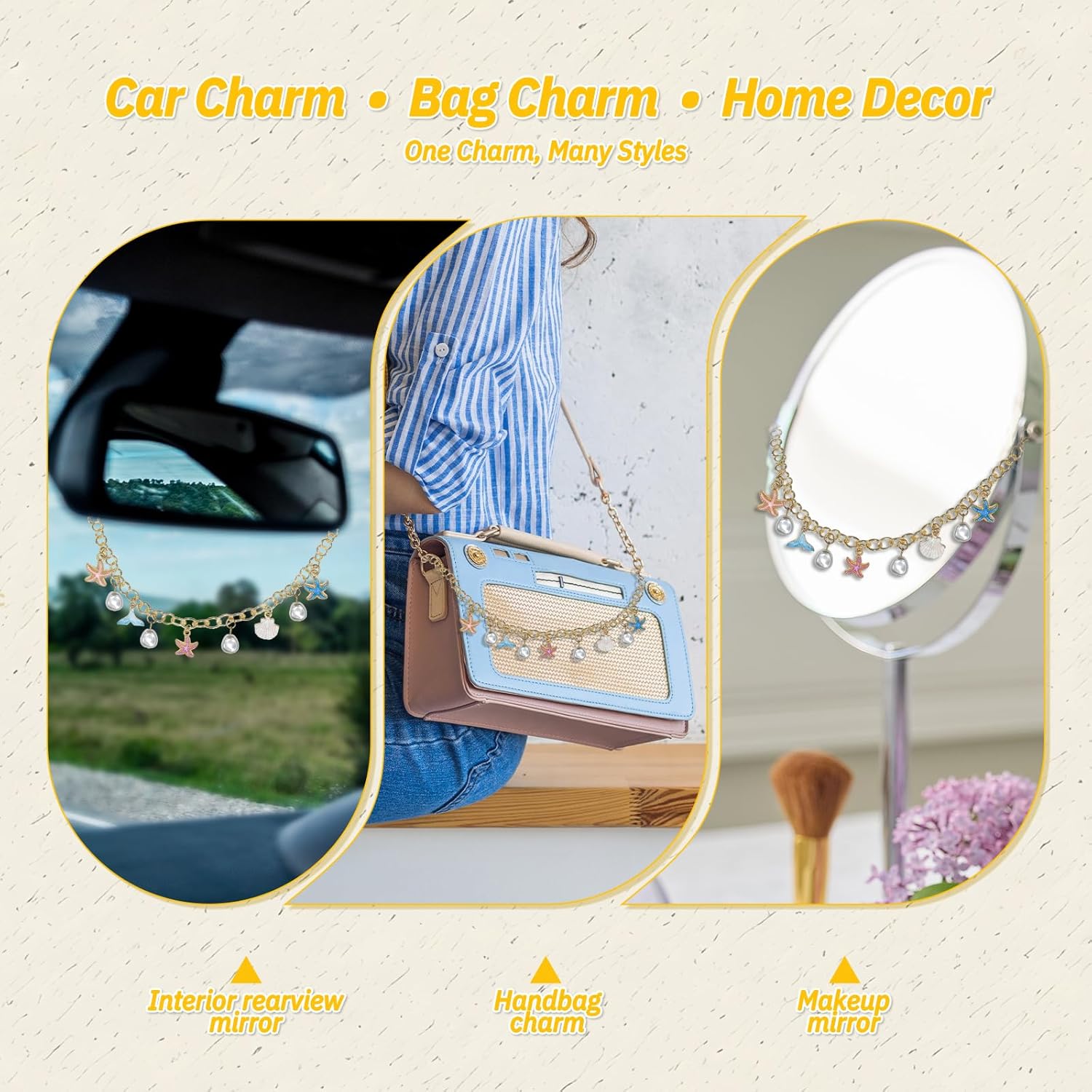 Starfish & Whale Tail Car Rearview Mirror Hanging – Coastal Boho Cars Charm Decor, Ocean Seashell Pearl Chain Ornament, Beach Car Interior Accessories for Women, Summer Vibes Gift for Drivers