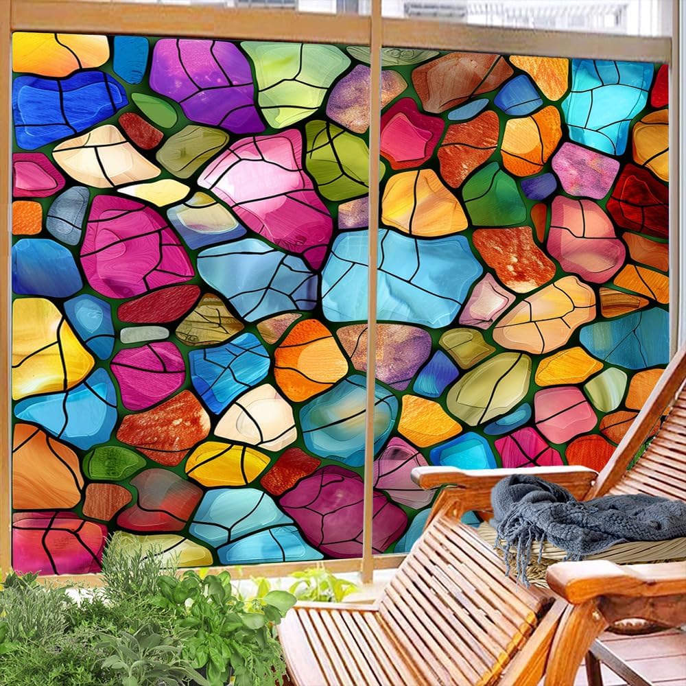 Color Patterns Frosted Window Privacy Film, Abstract Geometric Stone Shape House Window Film Adhesive Glass Coverings for Bathroom Home Decorative 17.7Wx23.6L-inch x2 Pcs