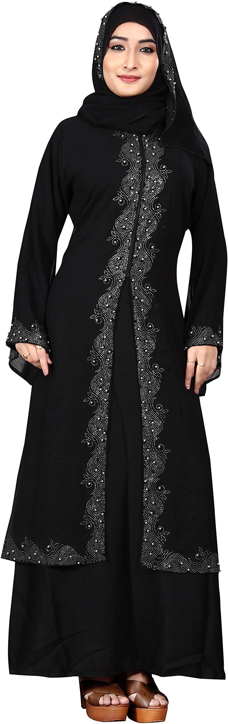 Justkartit Women's Plain Islamic Dress Nida Abaya Burka with Chiffon Jacket and Hijab (Black; JK5045_SilverD; Free Size)