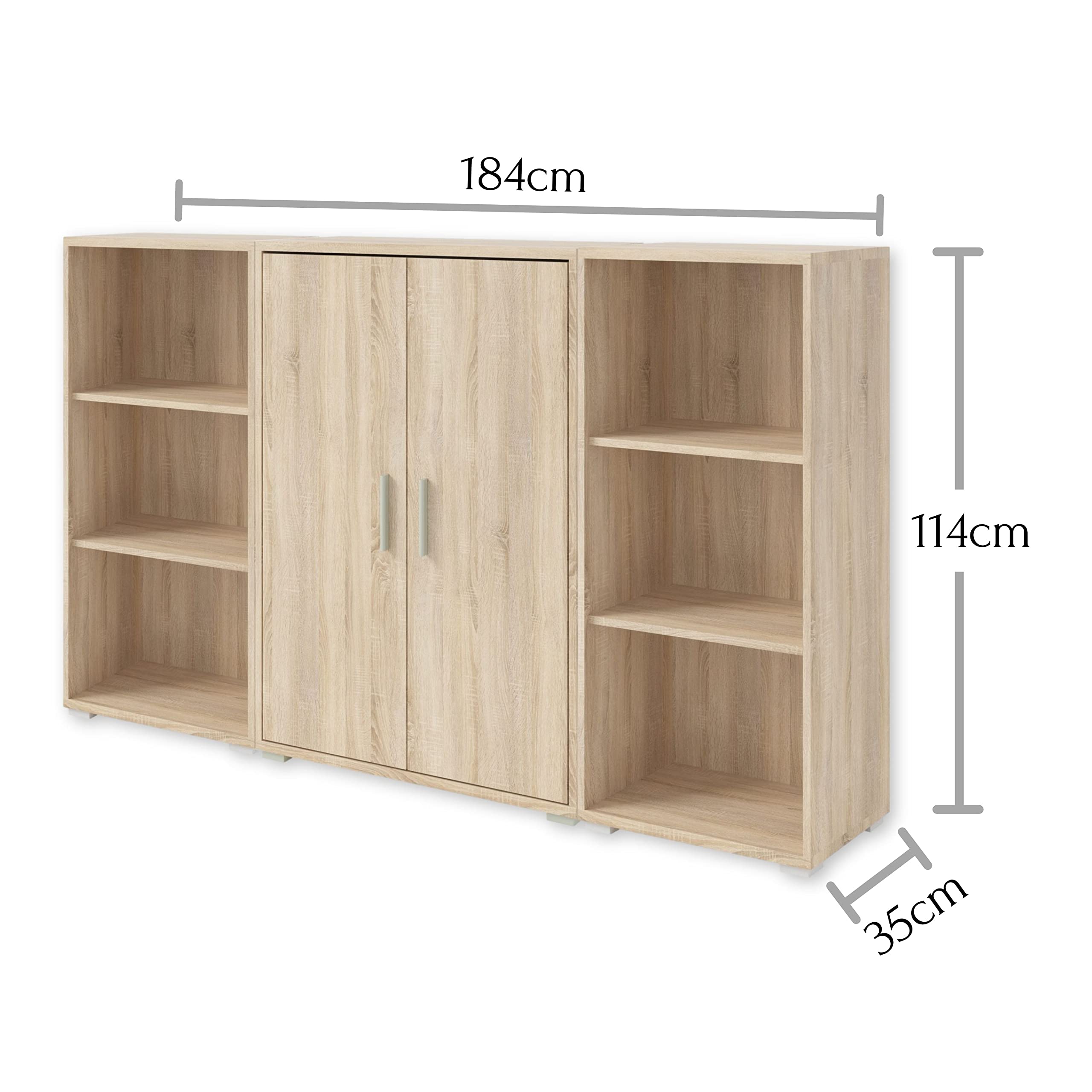 Stella Trading OFFICE LINE, Libreria archivio in simil rovere Sonoma, libreria larga a 2 ante e con 6 vani a giorno, set completo di mobili elegantei per l’ufficio, 184 x 114 x 35 cm (L x A x P)