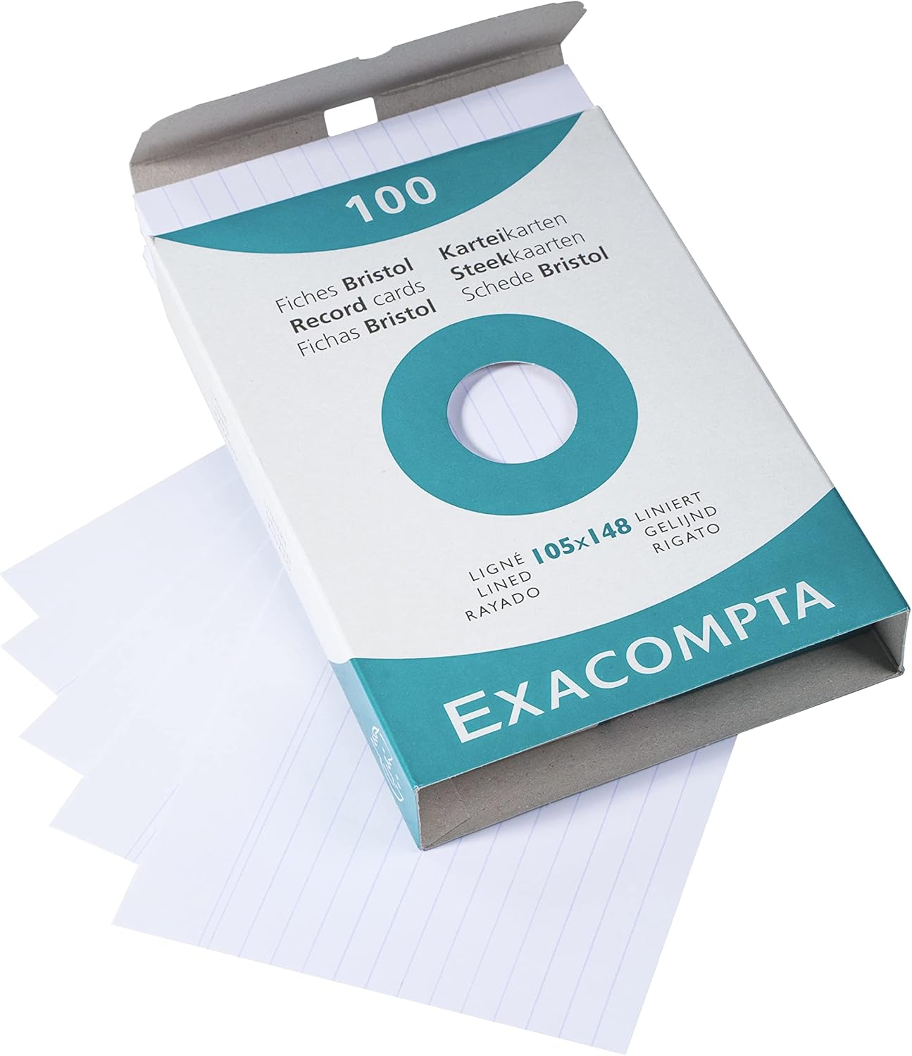 Exacompta - Ref 13803X - Bristol Record Cards (Pack of 100) - 125 x 200mm in Size, Lined Rulings, 205gsm Card, Laser & Inkjet Printer Compatible - White
