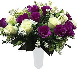 Gritech Artificial Cemetery Rose Flowers for Outdoor Grave Decorations & Memorials- Beautiful Arrangements for Headstones (1, Purple/White)