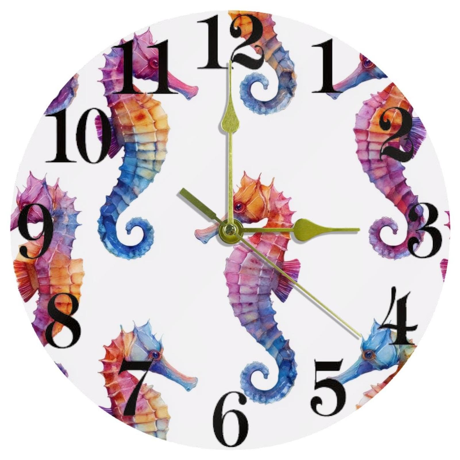 Horloge murale ronde aquarelle hippocampe silencieuse sans tic-tac à piles pour bureau