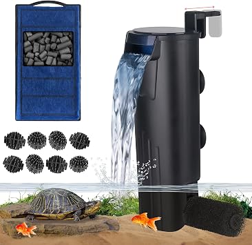 Turtle Tank Filter Aquarium Internal Filter for 3 to 20 Gallon Fish Tank, Bio-filtration Low Water Level Small Power Canister Filter, Frog Shrimp Newt Betta Water Clean, Hang On Back Waterfall Quiet | Activated Carbon Bio Balls Low Water Level Power Canister, Frog Shrimp Newt Betta Water Clean Quiet Hang On Back Waterfall