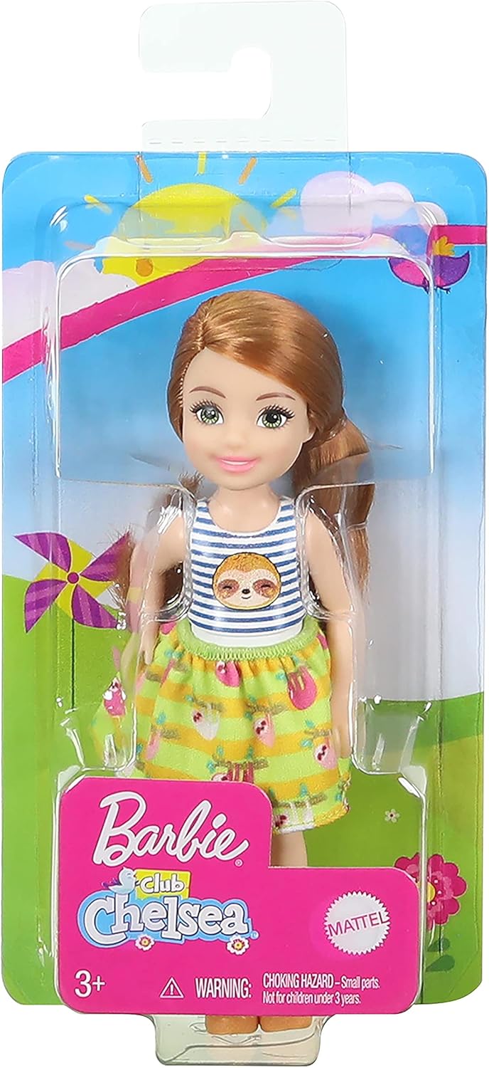 Barbie Club Chelsea Doll (6-inch) with Red Hair, Wearing Sloth Graphic and Skirt, for 3 to 7 Year Olds