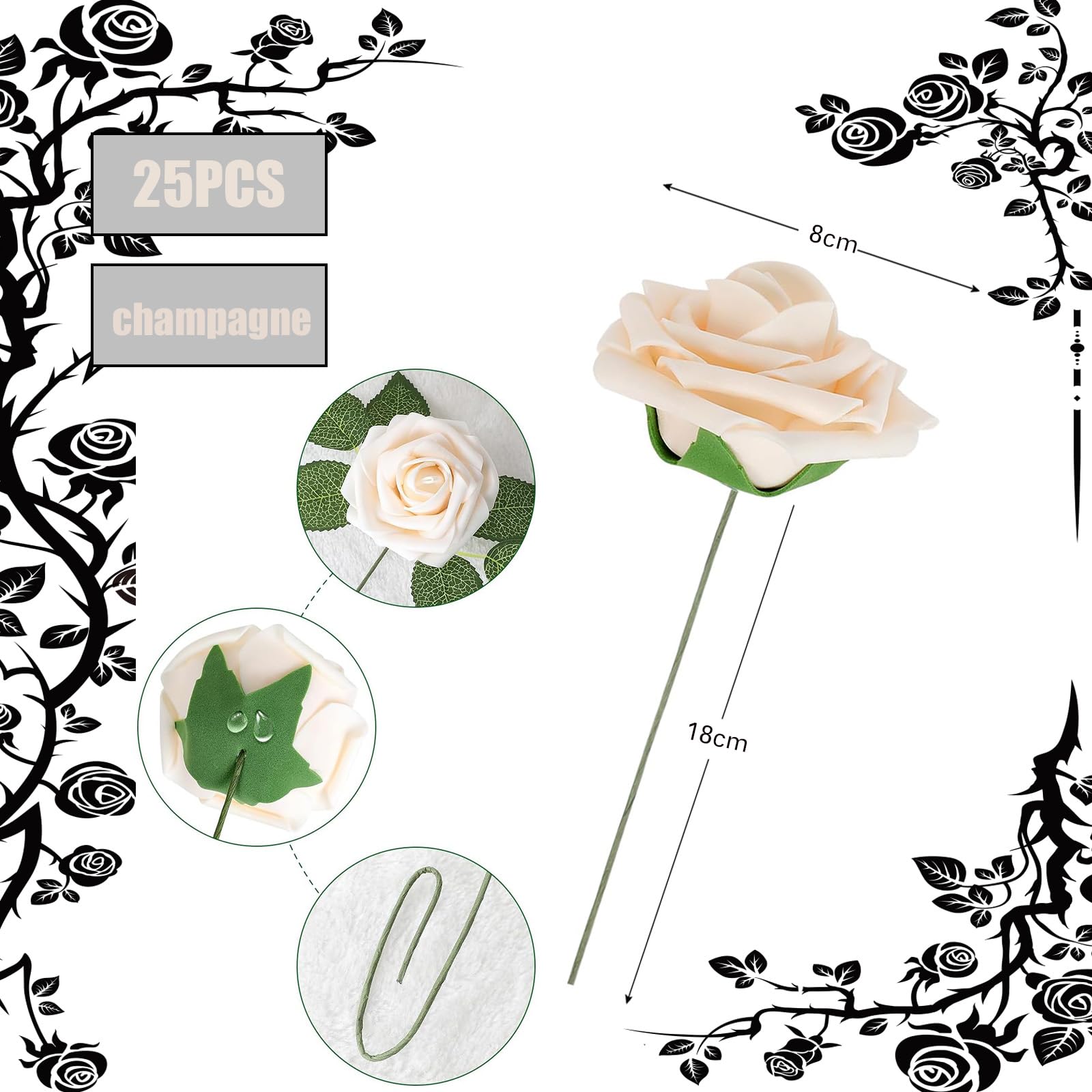 25Pcs Champagne Artificial Roses, Real Touch Foam Roses with Stems, 4 Leaves, Artificial Flowers for Wedding Bridal Bouquets - Image 2