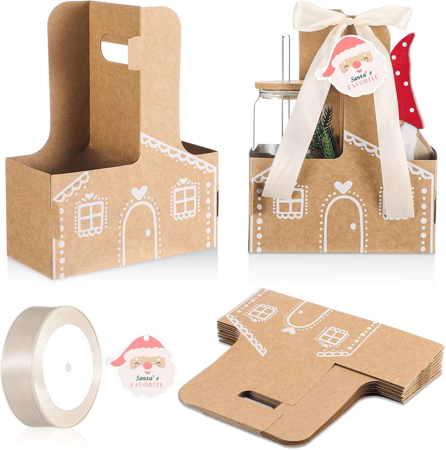 Faccito 24 Set 2-Cup Drink Carrier with Handle Holiday Kraft Paper Coffee Cup Holder, Includes Greeting Card & Ribbon for Teacher Gifts Classroom Party Favor (Gingerbread House)