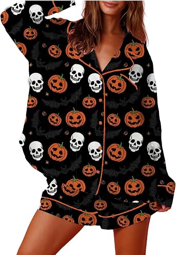 Awoscut Womens Halloween Pajamas Sets 2 Piece Pjs Lounge Set Short Sleeve Button Down Top and Shorts Soft Sleepwear Outfits