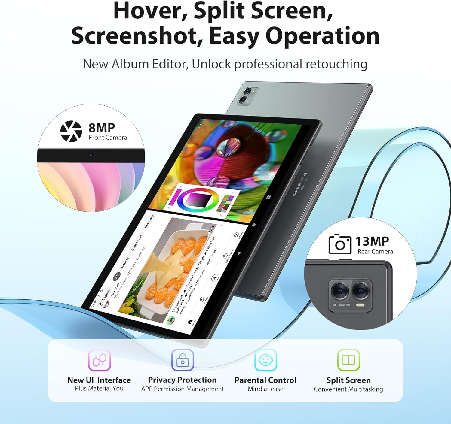 2025 Newest Tablet 14 Pollici Android 14 tablet,Tablet 5G WiFi(SIM non supportata),36GB RAM+256GB ROM,11580mAh,2000 * 1200 incell FHD+,Widevine L3,13MP+8MP,GPS/BT5/Tablet con fondina,Grigio