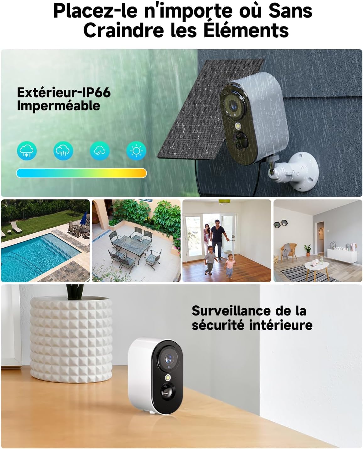 2K Camera Surveillance WiFi avec Panneau Solaire - Caméra Surveillance WiFi Exterieure sans Fil Batterie, Vision Nocturne Couleur, Extérieure/Intérieure, PIR Détection Mouvement, IP66, 2 Pack