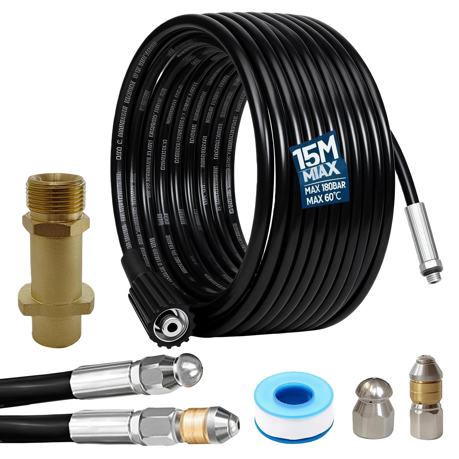 Tubo Flessibile Ad Alta Pressione, 15m Sonda Sturatubi Per Idropulitrice, Tubo Di Sonda Sturatubi Con Adattatore M22, Ugelli Rigidi E Rotanti,Tubo Per Idropulitrice Compatibile Con K2-K7 Idropulitrici