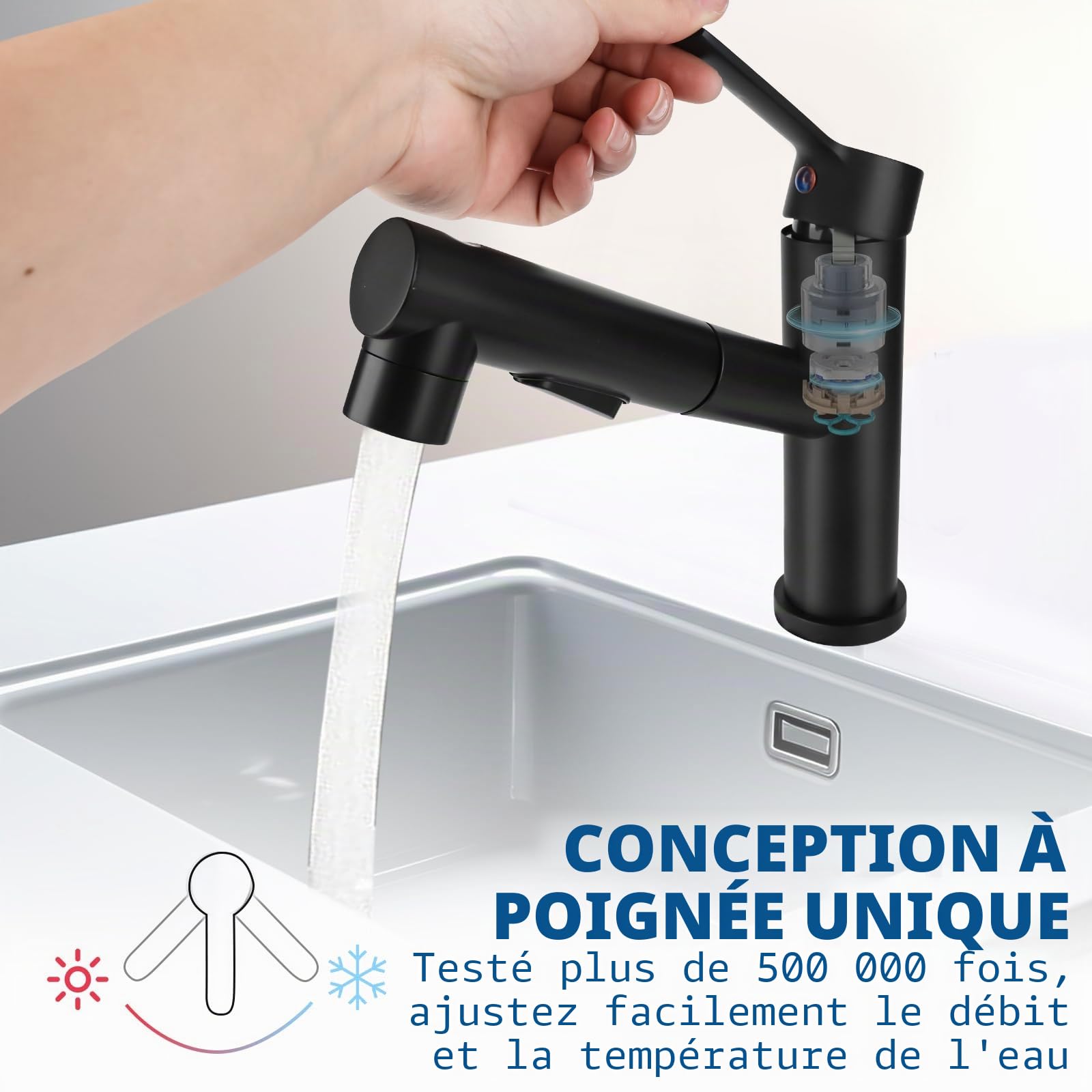 Robinet de salle de bain avec douchette extensible, haute pression, mitigeur monocommande avec 3 types de jet, mitigeur chaud et froid, robinet de lavabo pour salle de bain, noir