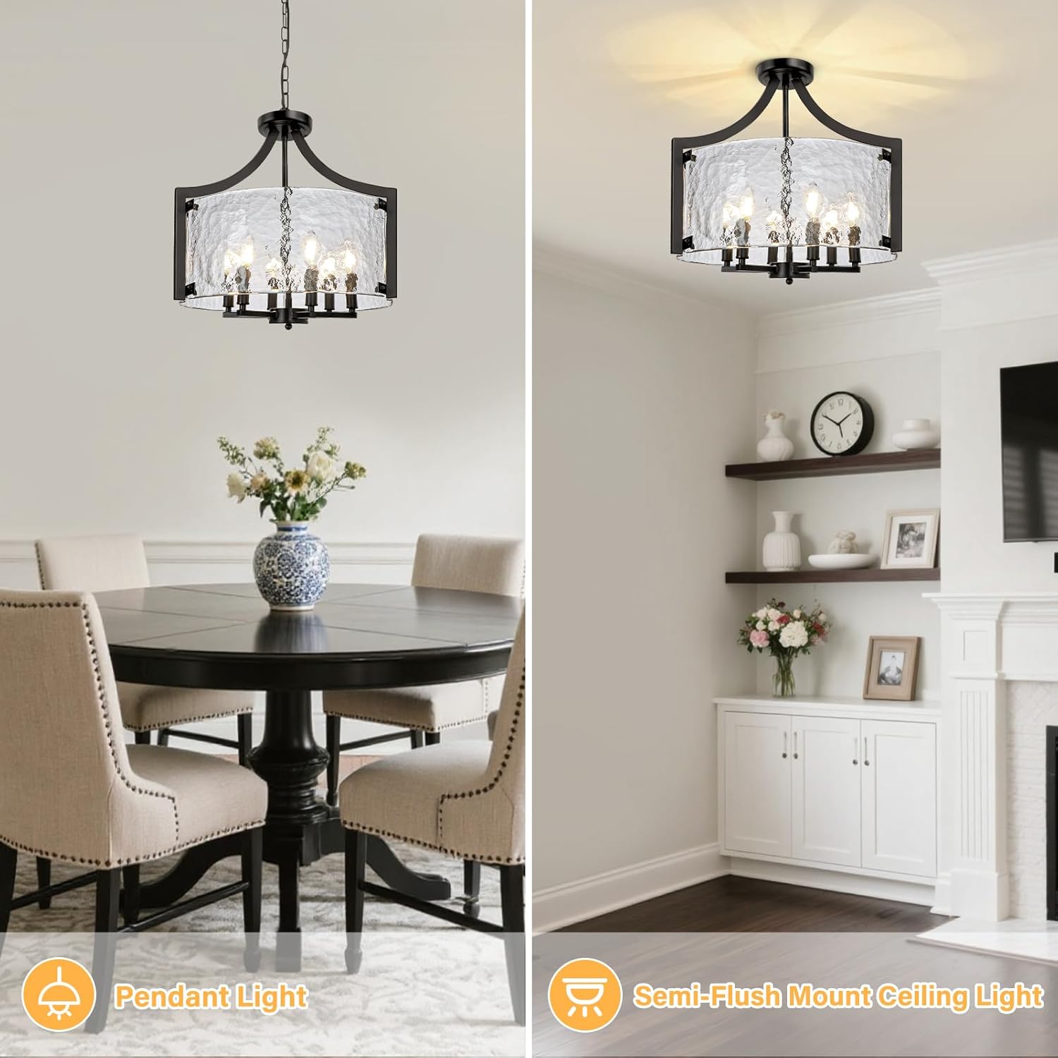 6-Light Black Chandelier, Glass Hanging Pendant Lighting, Convertible Semi Flush Mount Ceiling Light Fixture Modern Textured Glass Chandeliers for Dining Room Kitchen Foyer Entryway