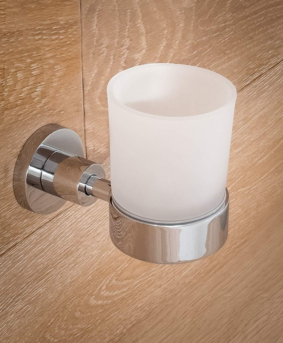 Schiele Series - Modern Single Tumbler and Wall-Mounted Holder, Polished Chrome Finish with Frosted Glass Tumbler/Cup