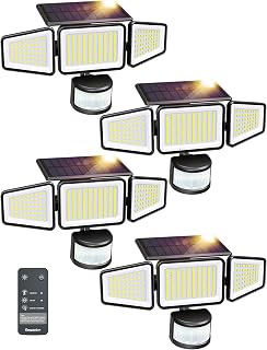 Ensenior Solar Motion Lights Outdoor, 228 LED Solar Security Lights with Remote Control, IP65 Waterproof 3 Heads Flood Light with 4 Modes, 270° Wide Angle Motion Sensor Light Outside - 4 Packs