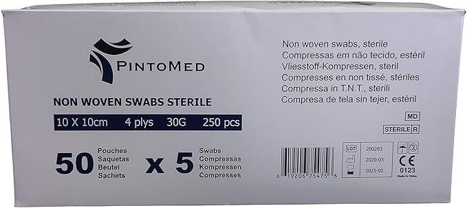Compresas Estériles No Tejidas 10x10 cm, 4 Capas, Caja de 250 Unidades
