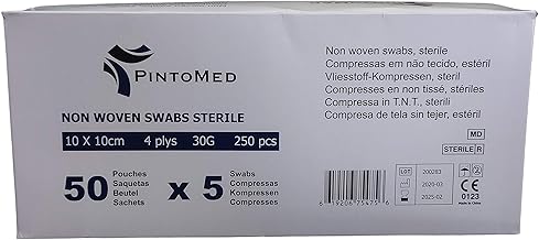 PintoMed Sterile Sanitary Pads, Non-Woven, 10cm x 10cm, 4-Ply, Box of 250, 5 Per Bag, 50 Bags