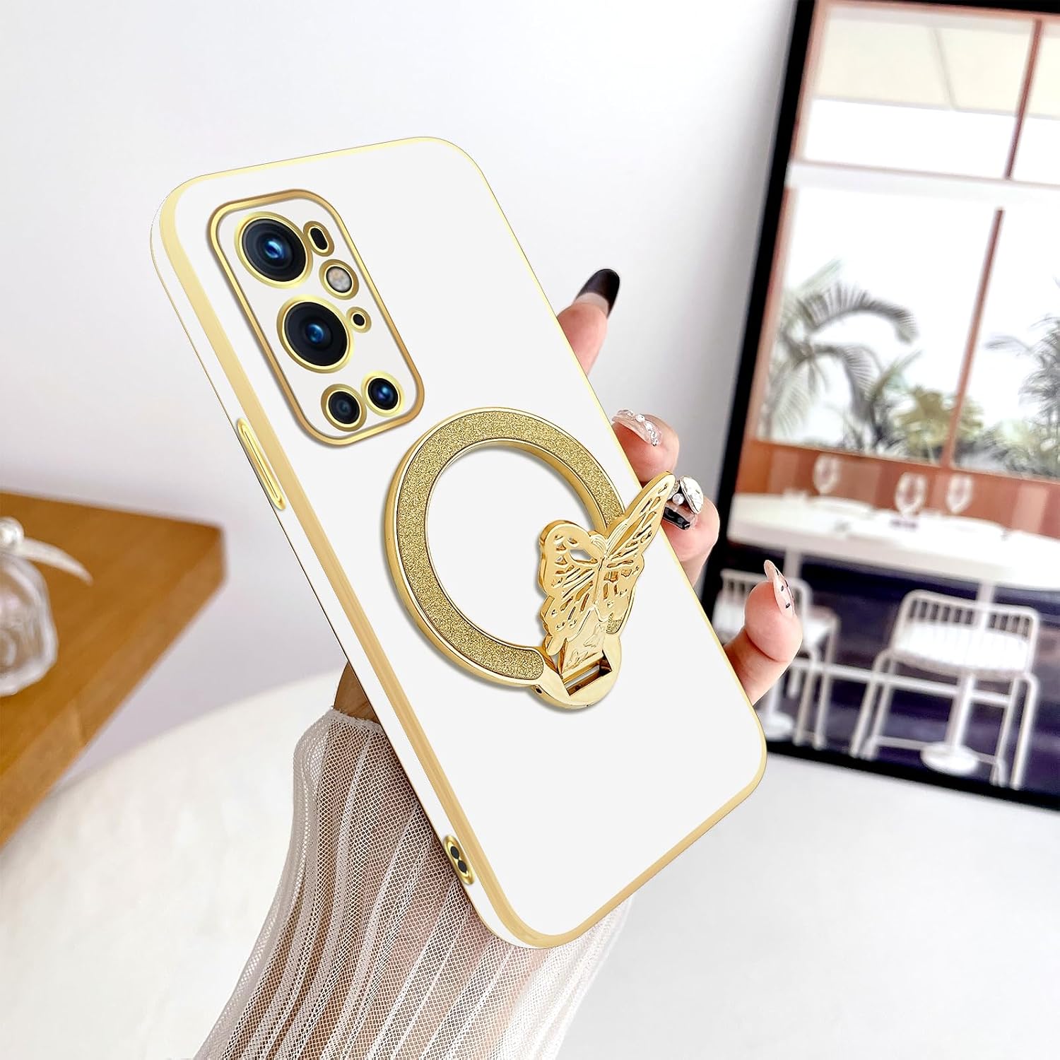 nancheng Cute Butterfly Kickstand Phone Case for 6.7" OnePlus 9 Pro, Soft TPU Shockproof Protective Cover Anti Slip Slim Case with Wrist Strap, Women Girls Aesthetic White Design image 2